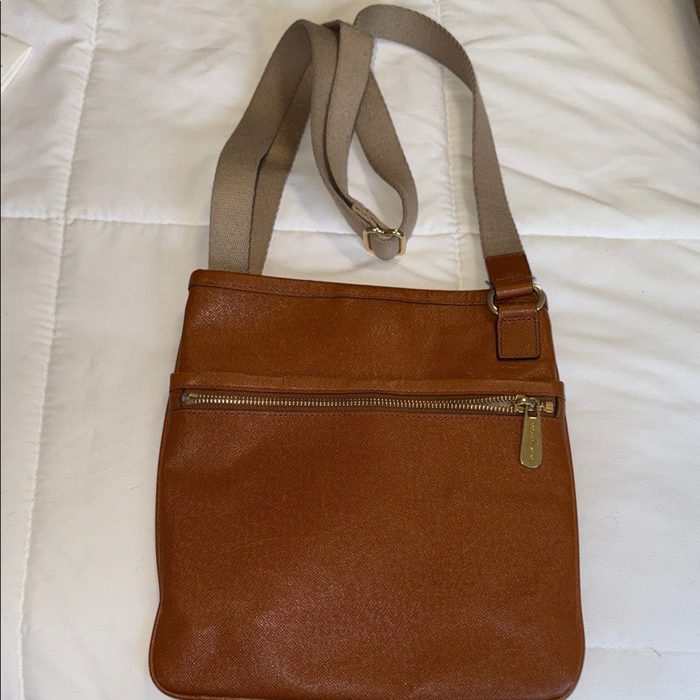 Michael Kors Brown Leather Crossbody Bag with Tan Strap